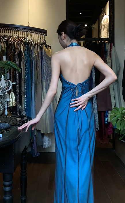 Teal Blue Halter Deep V Long Formal Gown Hand Beaded Chiffon Evening Dress gh9664
