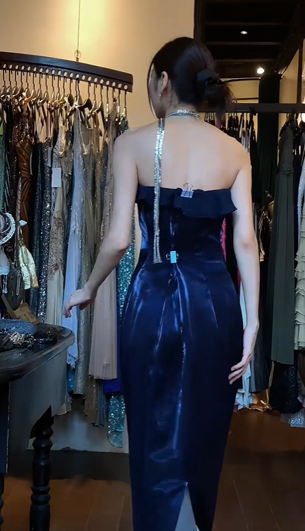 Navy Blue Strapless Tube Satin Formal Gown Ruffle Neck Fitted Long Evening Prom Dress gh9684