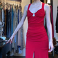 Wide Strap V Neck Bright Red Evening Gown Ruched Bodice Front Slit Mermaid Long Prom Dress gh9698