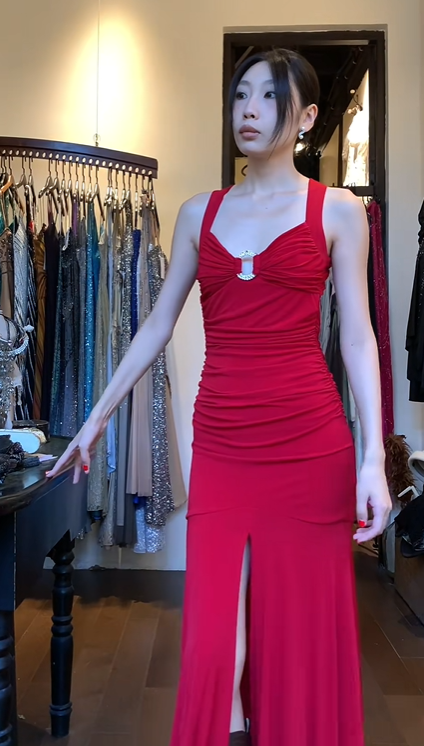 Wide Strap V Neck Bright Red Evening Gown Ruched Bodice Front Slit Mermaid Long Prom Dress gh9698