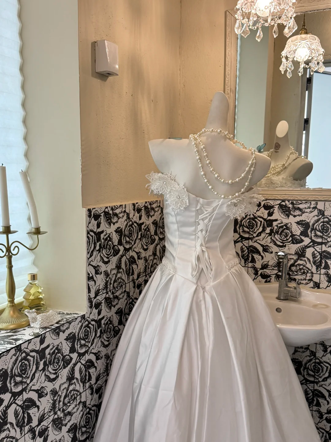 White Satin Strapless Floral Embroidered Waist-Cinched Draped Long Romantic Dress, Wedding Gown gh7596