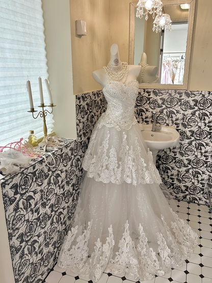 White Strapless Lace Cinched Waist Full Flared Skirt Sexy Elegant Romantic Dress, Wedding Gown gh7794