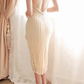 Women Cream Midi Bodycon Cocktail Dress Spaghetti Straps Deep V-Neck Hand Beaded Striped Lace Scalloped Hem Evening Gown gh9577