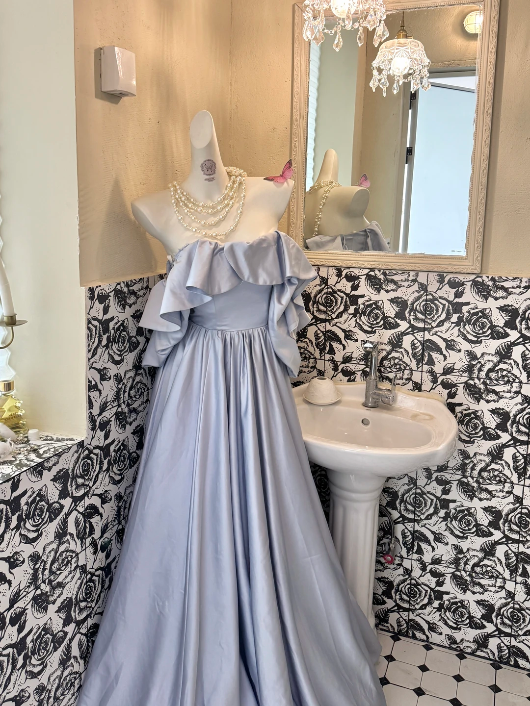 Light Blue Ruffled Strapless Waist-Cinched Full Flared Skirt Romantic Dress, Wedding Gown gh7641
