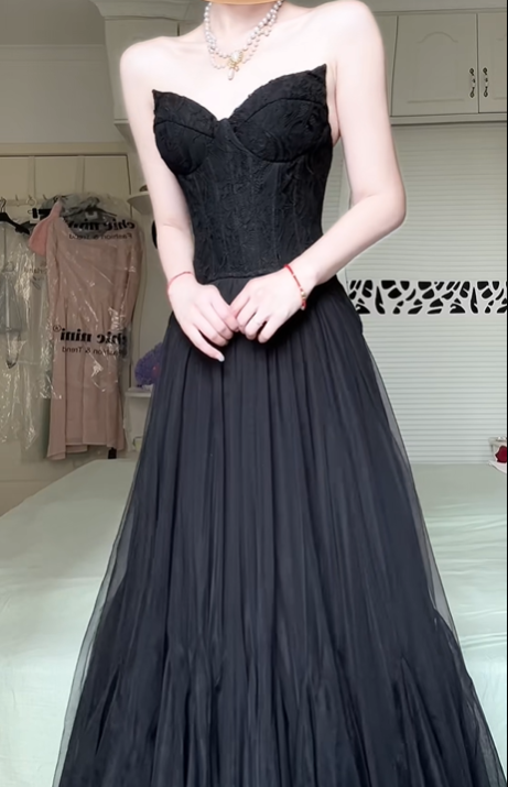 Black‑Tulle A‑Line Prom Gown, Strapless Sweetheart Lace‑Corset‑Bodice Floor‑Length Evening Dress gh9048