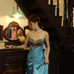 Lake Blue Satin Strapless Long Evening Gown Leopard Sequin Sweetheart Prom Dress gh9865
