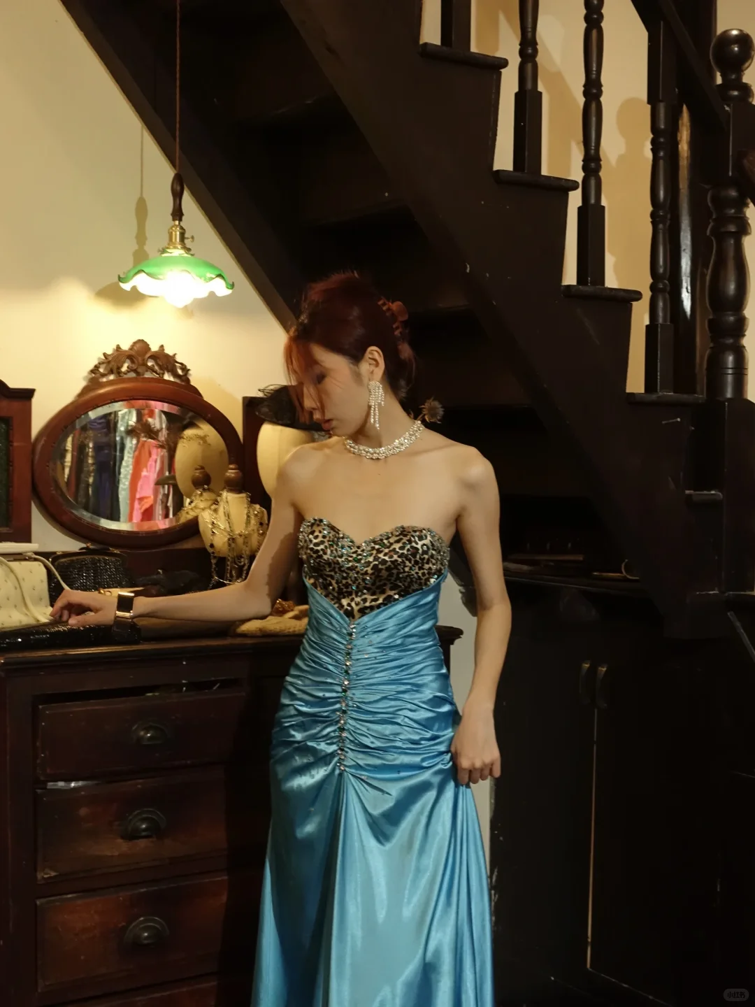Lake Blue Satin Strapless Long Evening Gown Leopard Sequin Sweetheart Prom Dress gh9865