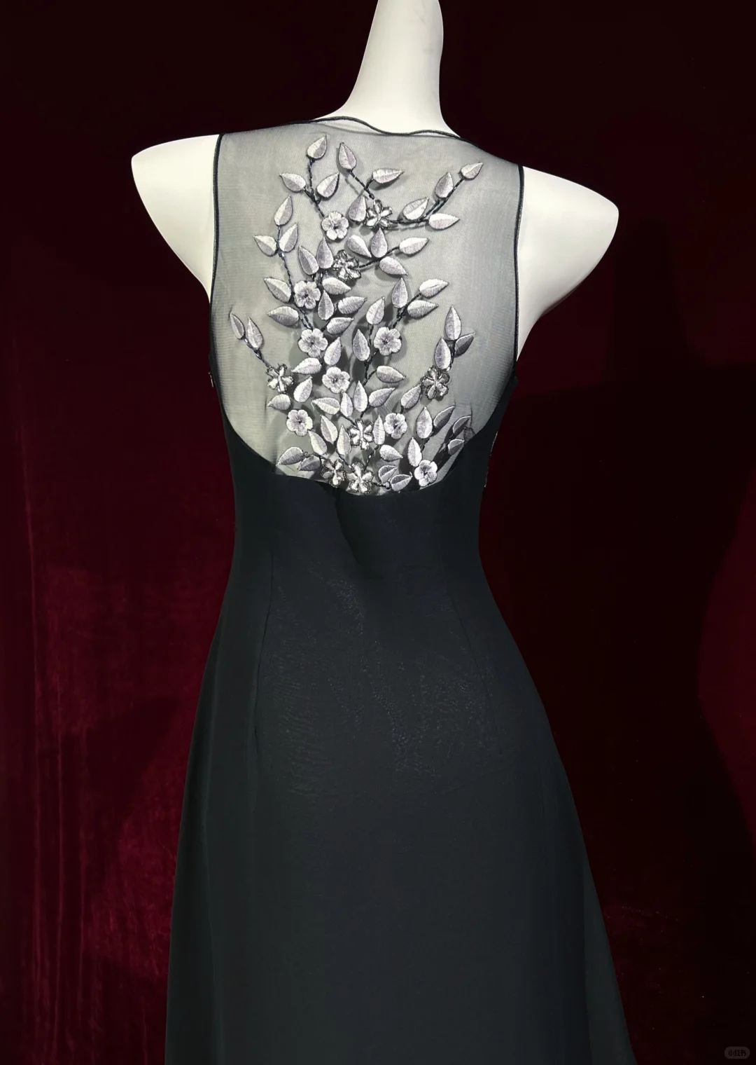 ✨Girlhomeshops-Black Spaghetti Strap Beaded Floral Gown Asymmetrical Sheer Mesh gh10142