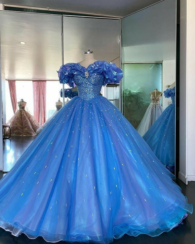 Blaues wunderschönes glänzendes elegantes süßes langes Tüll-Ballkleid-Abendkleid für Erwachsene, Zeremoniekleid gh3537