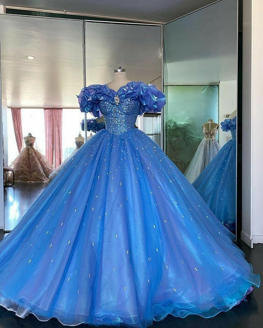 Robe de soirée en tulle bleu magnifique, brillante, élégante et longue, pour adulte, gh3537