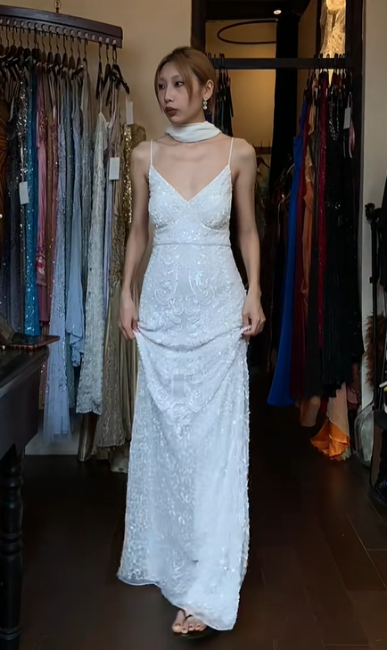 White Beaded Sequin Mermaid Prom Dress Spaghetti Straps V Neck Long Formal Evening Gown gh9836