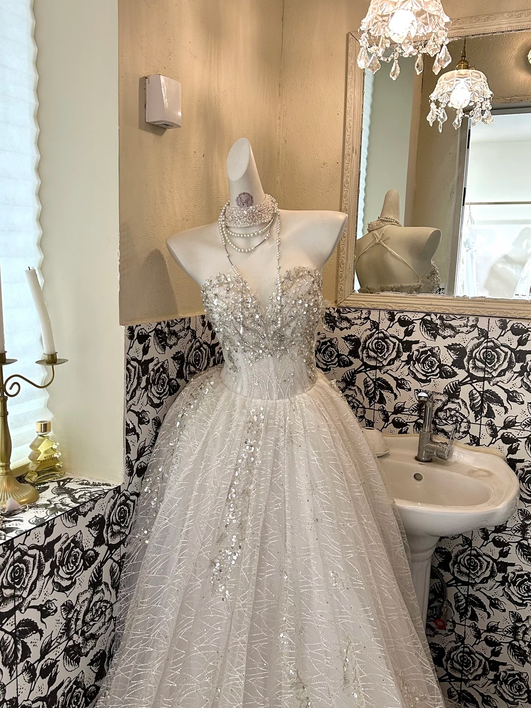 Ivory Beaded Strapless Waist-Cinched Full Flared Long Romantic Dress, Wedding Gown gh7580