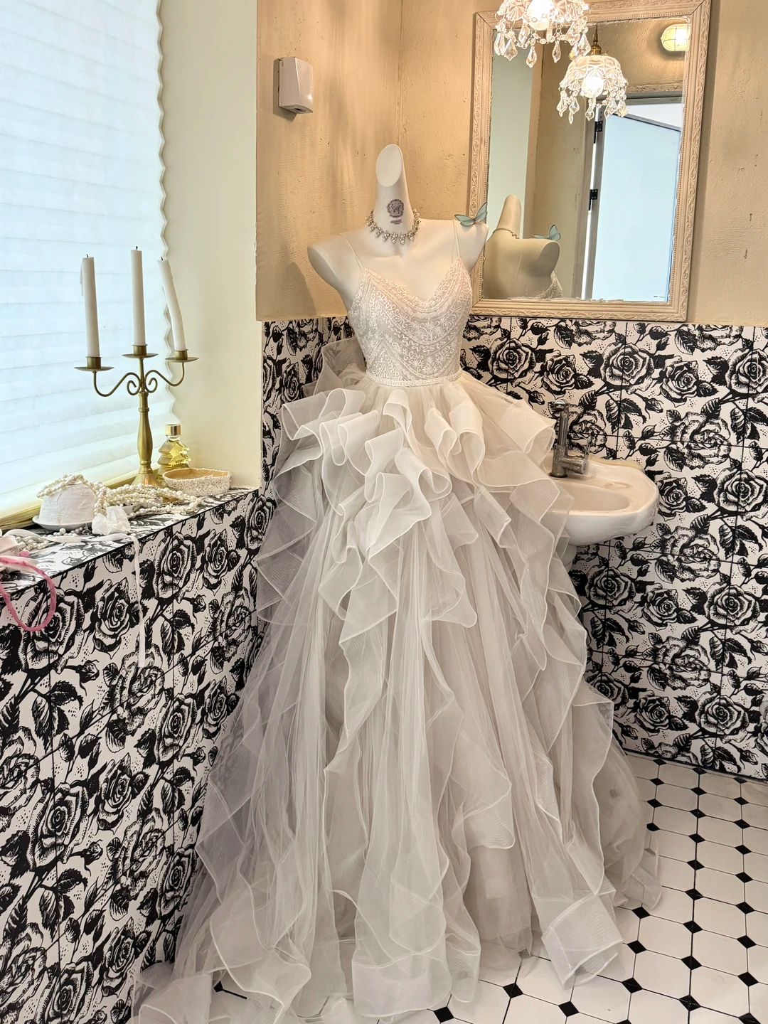 Ivory Spaghetti Strap Waist-Cinched Multi-Layer Voluminous Skirt Long Elegant Romantic Dress, Wedding Gown gh7590