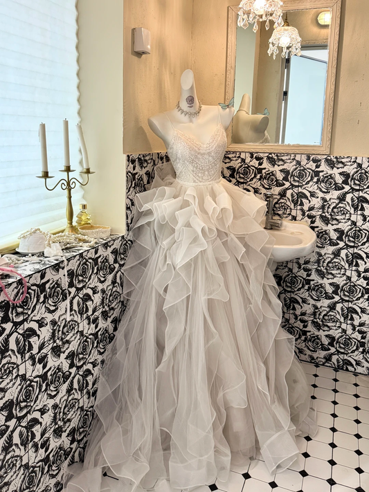 Ivory Spaghetti Strap Waist-Cinched Multi-Layer Voluminous Skirt Long Elegant Romantic Dress, Wedding Gown gh7590