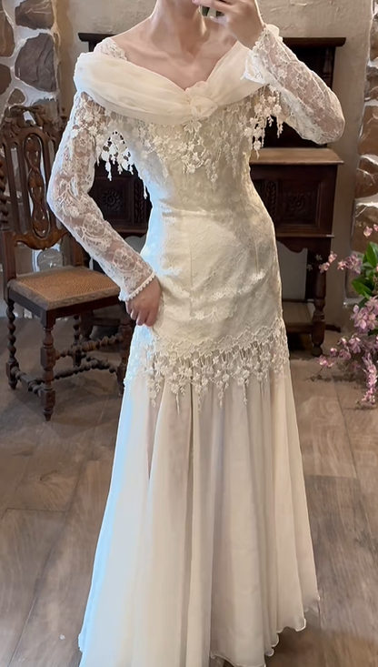 Ivory White Vintage Off‑the‑Shoulder Wedding Gown, Twist Tulle Neck Floral Lace Long Sleeve Lace Fringe Chiffon A‑Line Bridal Dress gh9073
