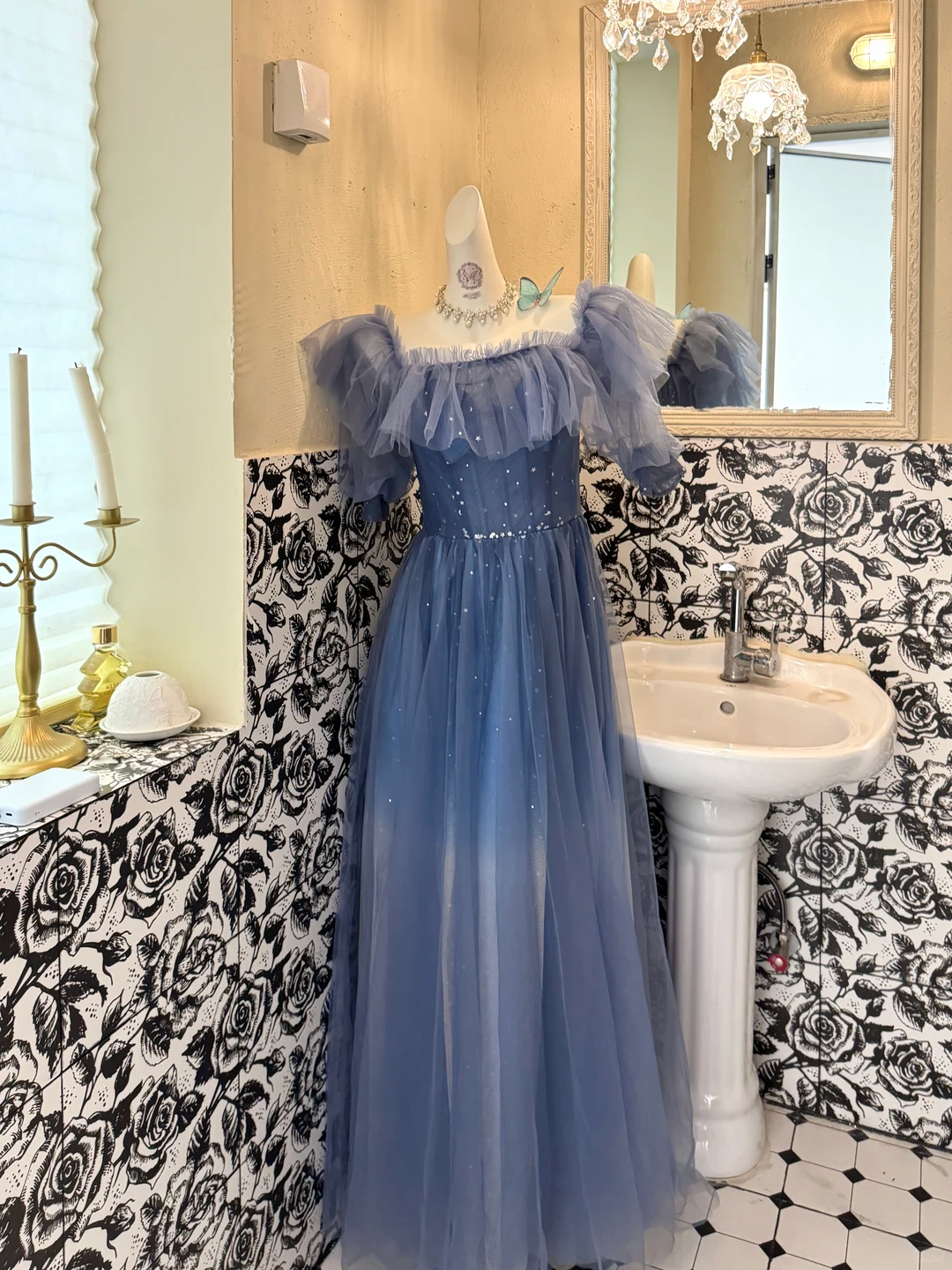 Dusty Blue Off-the-Shoulder Waist-Cinched Long Vintage Romantic Gown gh7553