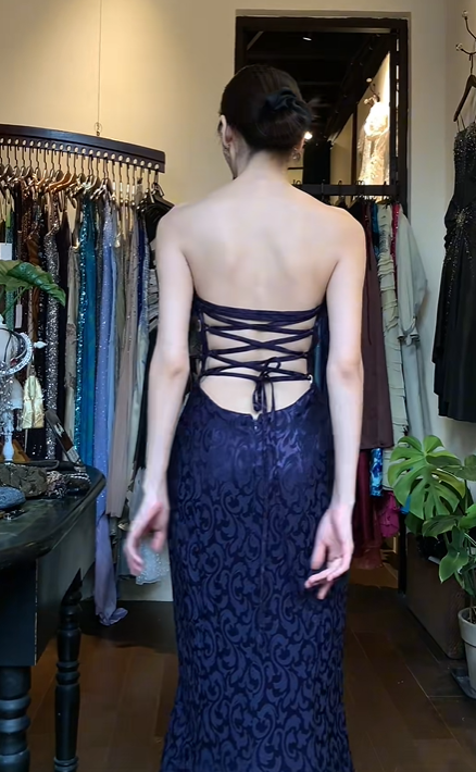 Dark Purple Strapless Long Formal Gown Feather Trim Jacquard A-Line Evening Dress gh9652