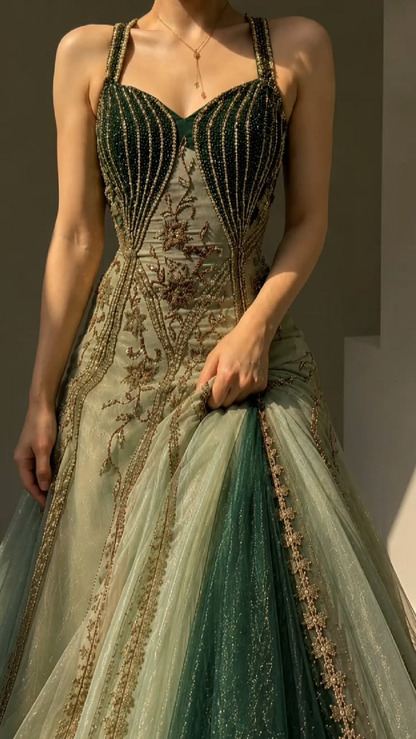 ✨Girlhomeshops-Sweetheart Dark Green Ombre Gold Beaded Glitter Tulle Long Prom Gown gh10234