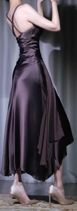 ✨Girlhomeshops-Dark Brown Satin Midi Prom Gown V Neck Double Straps Asymmetric Flowy Chiffon Cocktail Dress gh10106
