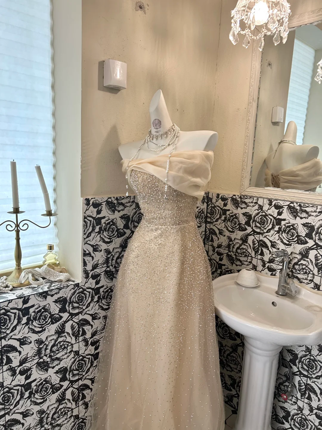 Light Apricot Off-the-Shoulder Beaded Waist-Cinched Soft Elegant Romantic Dress, Wedding Gown gh7688