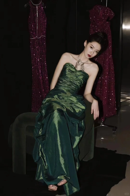 Dark Green Iridescent Strapless Ruffled Long Evening Gown Ruched Prom Dress gh9853