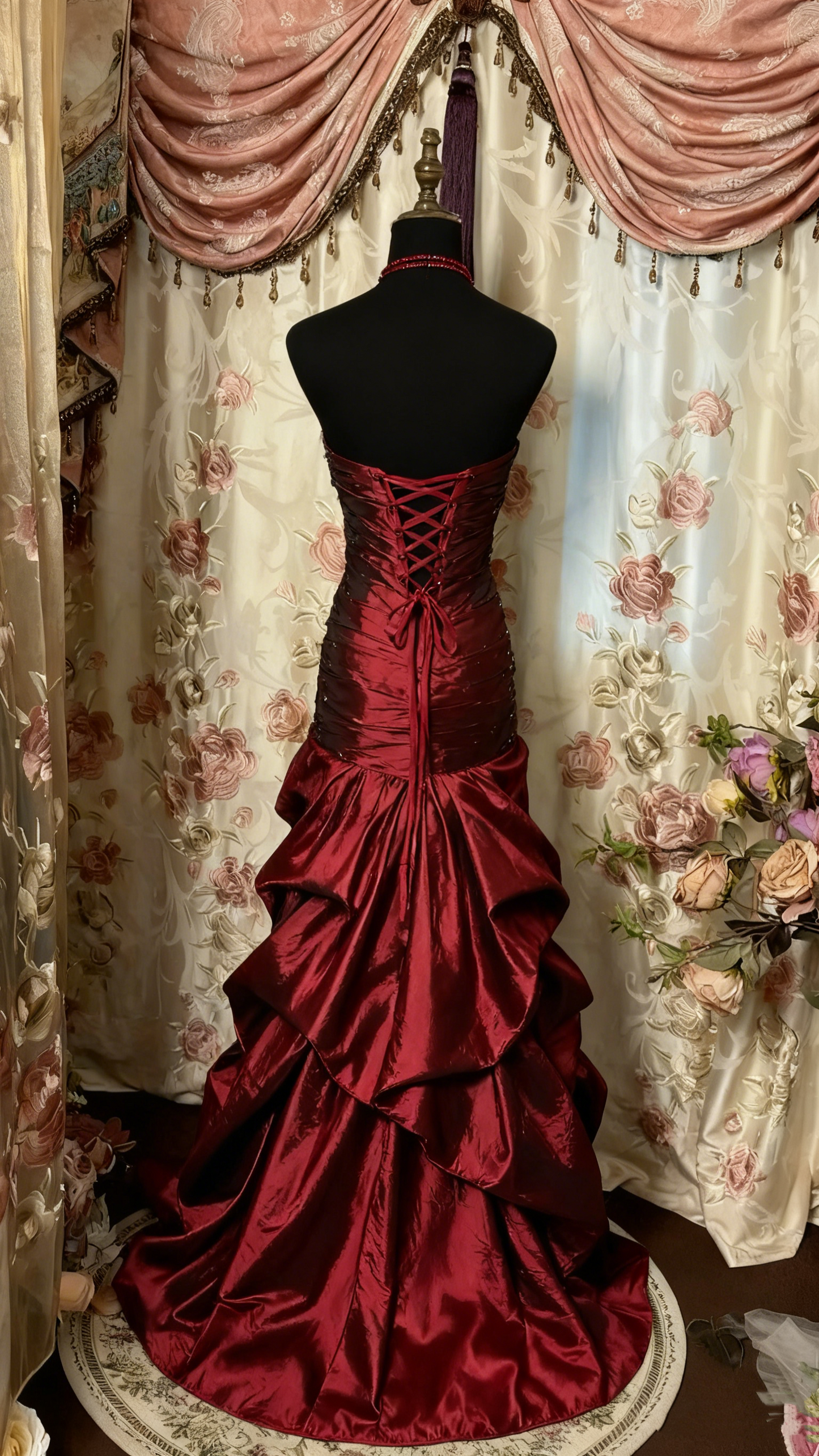 Red tube top shiny retro elegant long layered satin ball gown evening dress gh3101