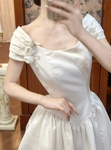 White Vintage Satin Ball Gown Wedding Prom Dress, Square Off‑the‑Shoulder Puff Sleeves, 3D Fabric Roses, Voluminous Pleated Skirt gh8708
