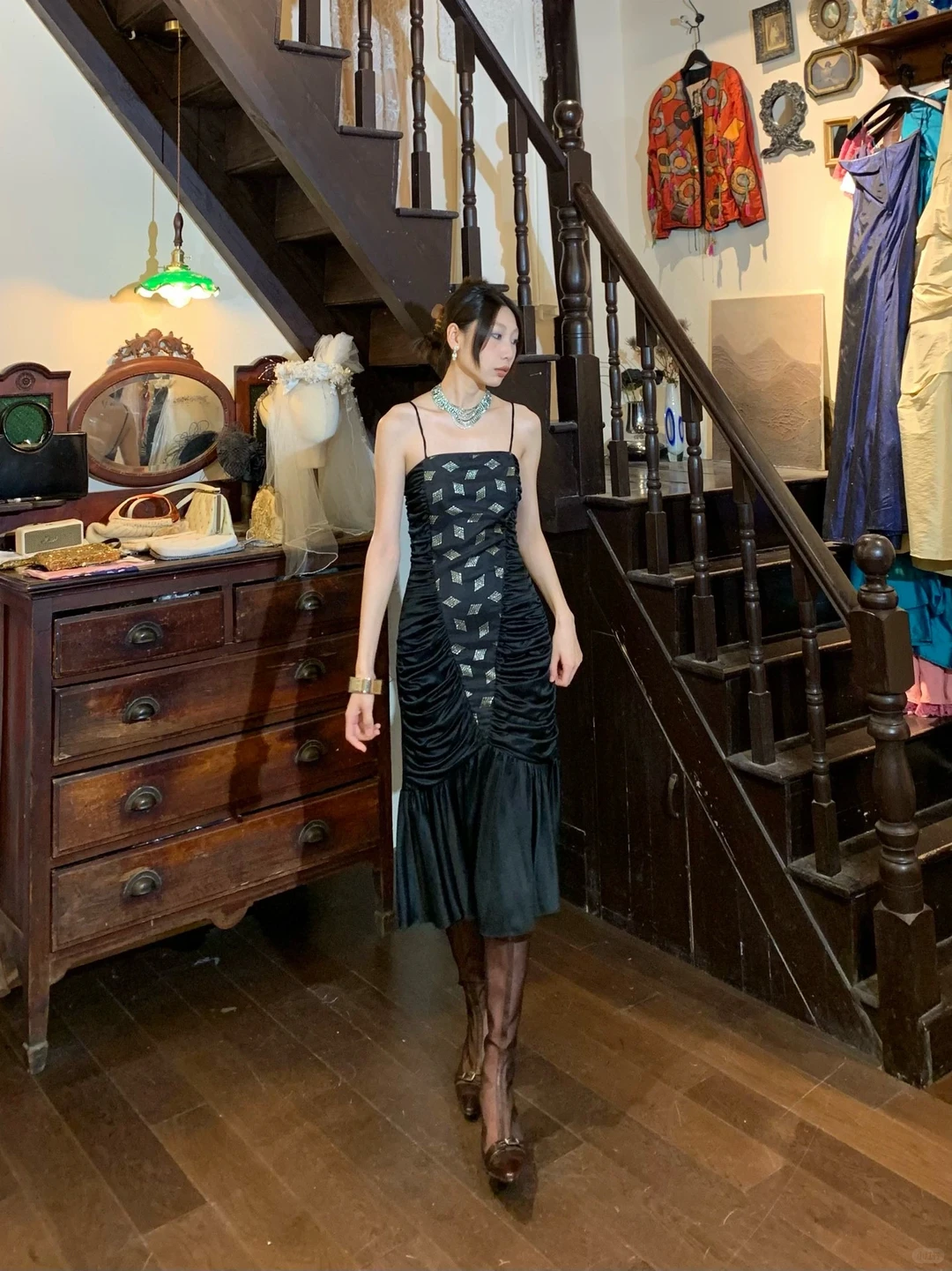 Square Neck Black Midi Formal Dress, Spaghetti Strap Silver Geometric Print Front Ruched Vintage Evening Gown gh9882