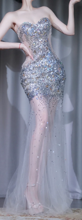 ✨Girlhomeshops-Strapless Sweetheart Sheer Tulle Sequin Mermaid Long Party Dress gh10014
