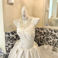 White Satin Strapless Cinched Waist Full Flared Skirt Long Elegant Romantic Dress, Wedding Gown gh7814