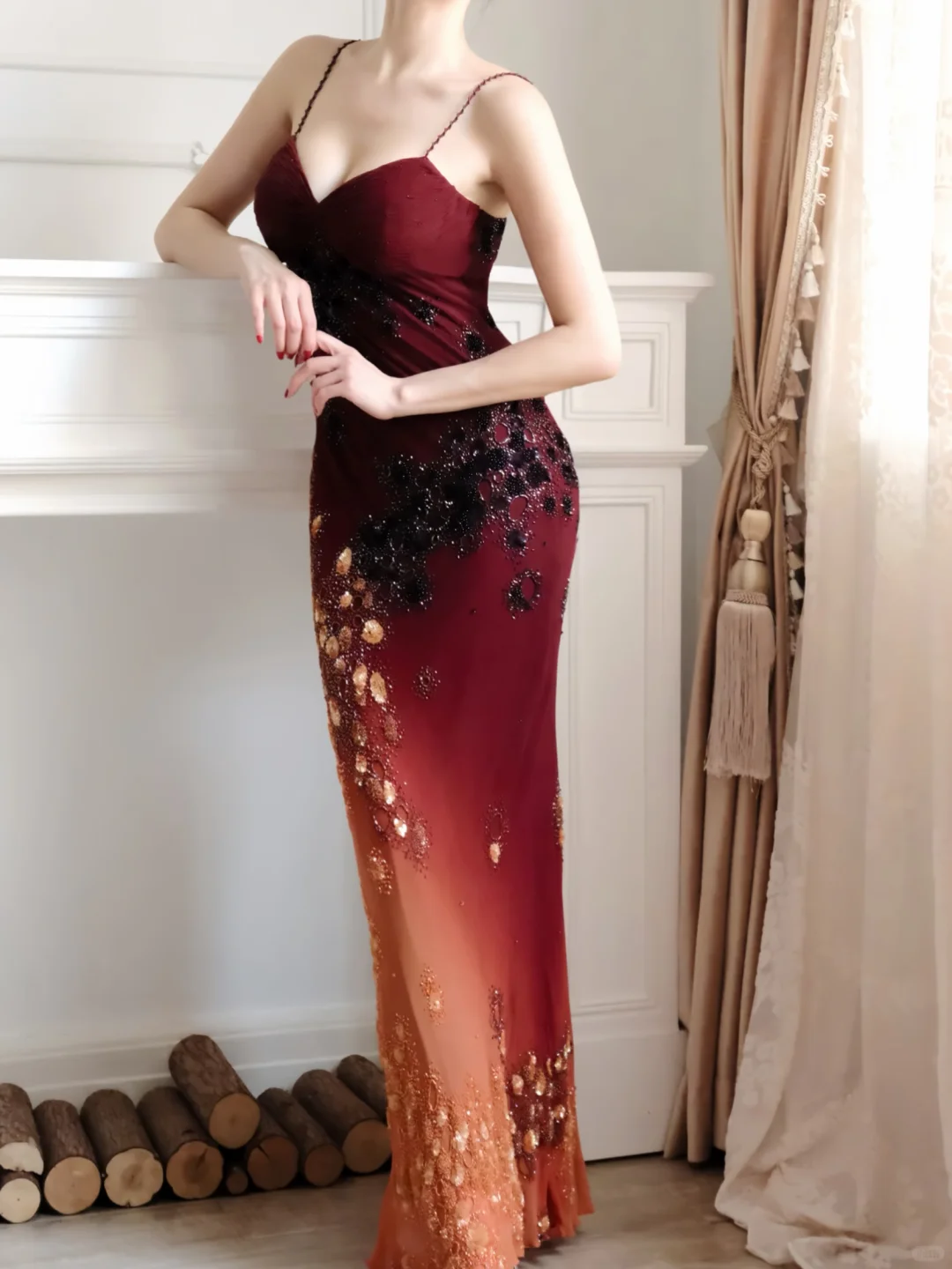Women Gradient Burgundy Orange Mermaid Evening Gown Spaghetti Straps Hand-Beaded Sequin Floral Long Formal Dress for Prom gh9568