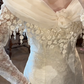 Ivory White Vintage Off‑the‑Shoulder Wedding Gown, Twist Tulle Neck Floral Lace Long Sleeve Lace Fringe Chiffon A‑Line Bridal Dress gh9073