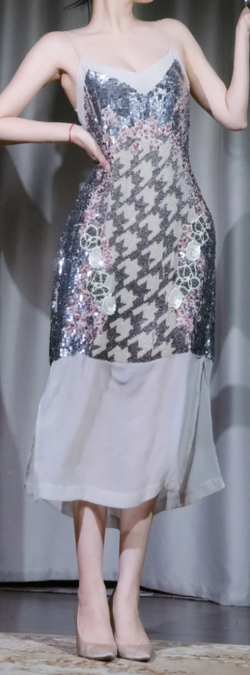 V Neck Spaghetti Strap Gatsby Evening Dress, Houndstooth Sequin Floral Beaded Chiffon Midi Formal Gown gh9894