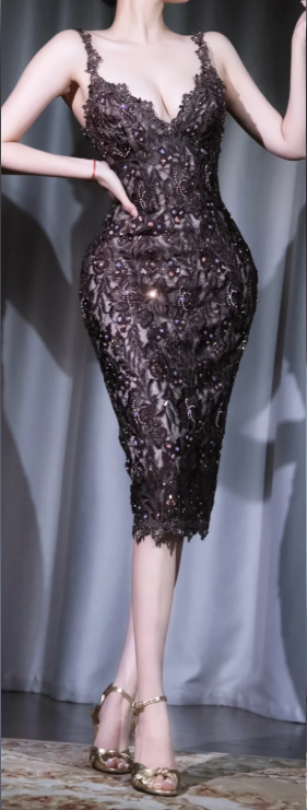 ✨Girlhomeshops-Black Lace Midi Party Dress with Beaded Rhinestones, Spaghetti Strap Bodycon Evening Gown gh10034