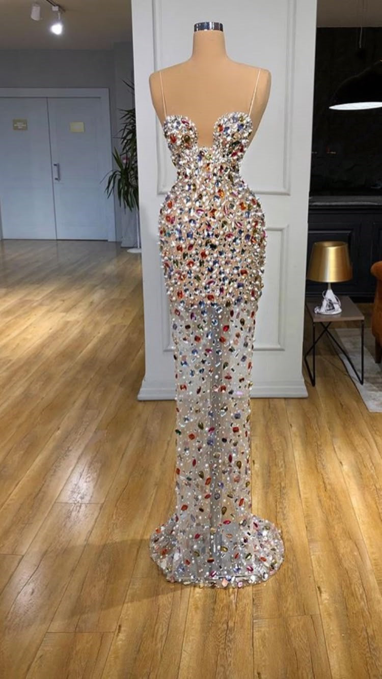Girlhomeshops - Buntes, sexy, elegantes Ballkleid mit Strasssteinen und Spaghettiträgern, langes Abendkleid, gh5036