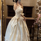 Light Beige Rococo Vintage Wedding Gown, V‑Neck Puff Short Sleeve 3D Fabric Rose Ruffled Satin A‑Line Bridal Dress gh9066
