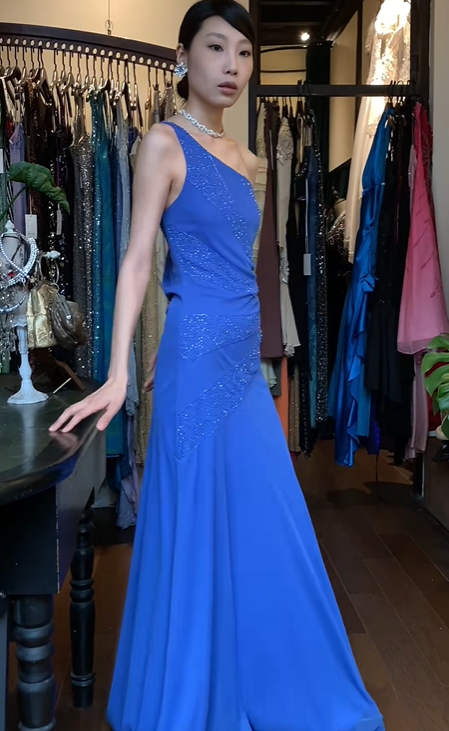 Royal Blue One Shoulder Long Formal Gown Chiffon Hand Beaded Evening Dress gh9646
