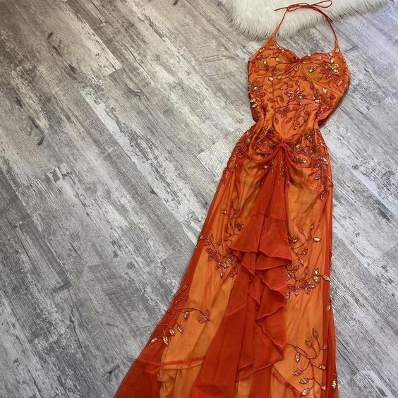 Robe de soirée longue élégante en tulle à bretelles spaghetti et col licou, orange, magnifique et exquise, robe de soirée sirène, coupe ajustée, gh3172