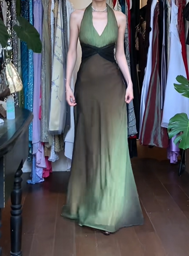 Gradient Green Vintage Prom Dress Halter V Neck Twisted Waist Chiffon Long Evening Gown gh9602
