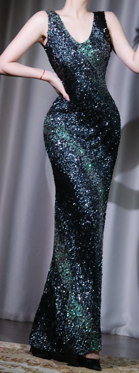 ✨Girlhomeshops-Dark Green Iridescent Sequin Prom Gown Sleeveless V Neck Mermaid Evening Dress gh10074