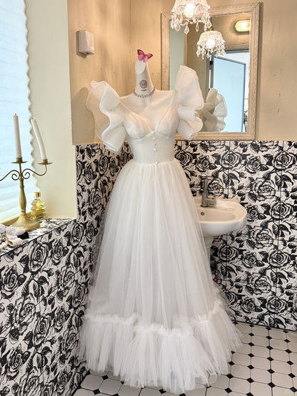 White Ruffled Spaghetti Straps Waist-Cinched Full Flared Skirt Romantic Dress, Wedding Gown gh7626