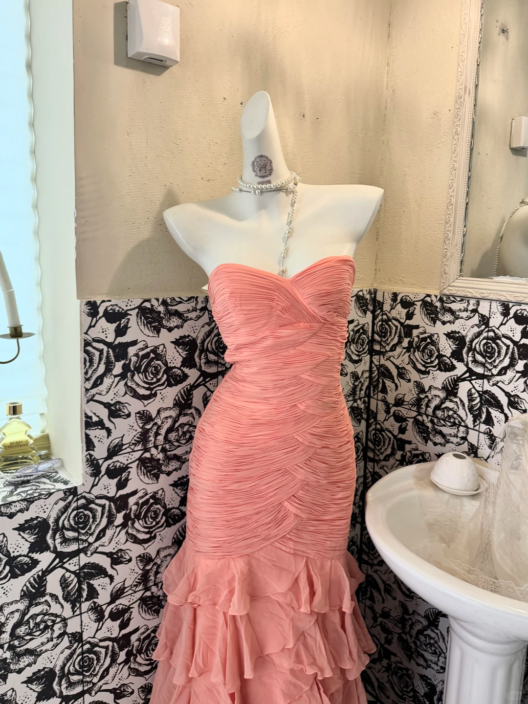 Pink Strapless Waist-Cinched Designer Style Figure-Flattering Sexy Bodycon Long Romantic Dress, Wedding Gown gh7750