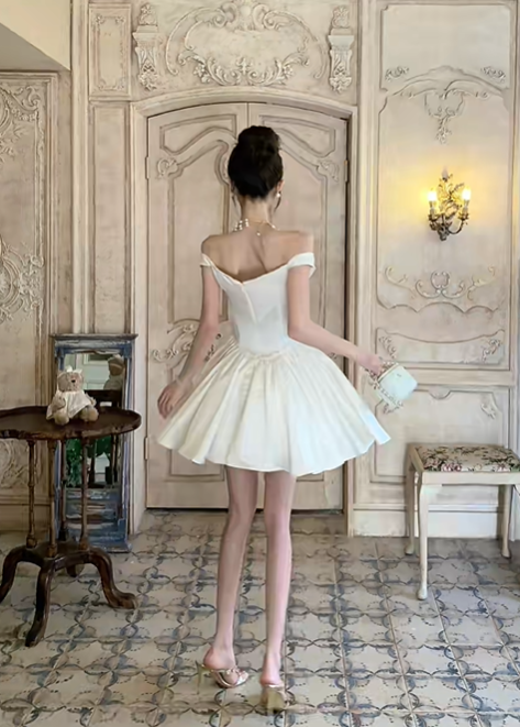 White Satin Off The Shoulder Short Homecoming Dress Draped Neck Mini Prom Gown gh9404