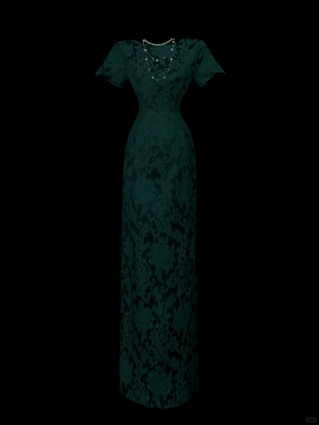 Dark Green Vintage Jacquard Maxi Gown, Square Neck, Cap Short Sleeves, All‑Over Floral Scroll Jacquard Fabric, Fitted Waist Sheath Maxi Silhouette, Retro Noble Evening Prom Photoshoot Dress gh8865