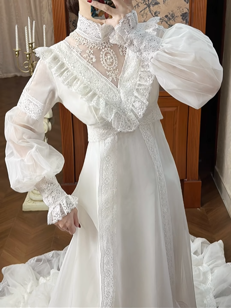 Ivory Vintage Lace Wedding Gown, Mock Neck Illusion Lace Keyhole V‑Neck, Puff Lantern Long Sleeves With Ruffle Cuffs, High Waist Lace Trim Long Train, Tiered Ruffle Flared Skirt, Prom Dress gh8656