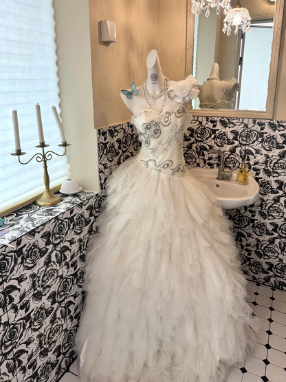 White Strapless Beaded Waist-Cinched Tiered Ruffle Cake Skirt Romantic Dress, Wedding Gown gh7496