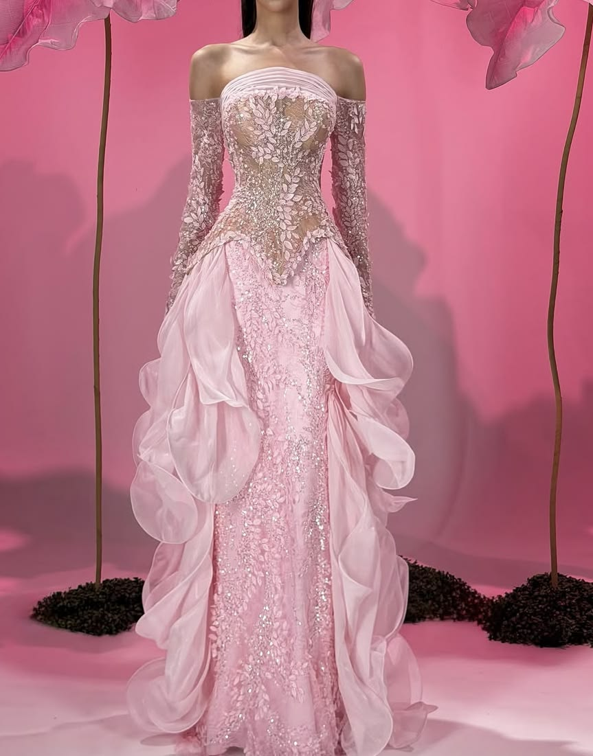 ✨Girlhomeshops-Strapless Pink 3D Petal Ruffle Beaded Mermaid Prom Gown gh10204