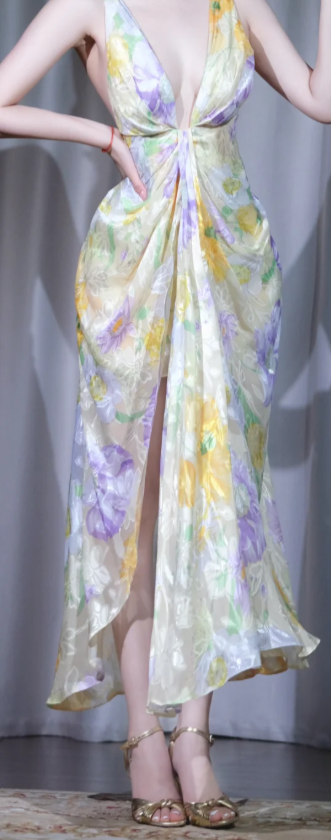 ✨Girlhomeshops-Halter Floral Maxi Party Dress Deep V High Slit Irregular Flowy Vacation Gown gh10035