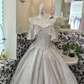 Silver Gray Bow Off-the-Shoulder Waist-Cinched Voluminous Skirt Long Luxury Romantic Dress, Wedding Gown gh7648