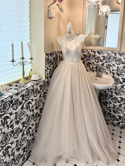 Ivory Spaghetti Strap Waist-Cinched Beaded Embroidered Elegant Long Romantic Dress, Wedding Gown gh7514